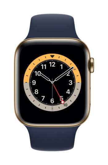 Apple Watch Series 6 - 44mm / GPS + Cellular / Gold Stainless Steel Case / Deep Navy Sport Band