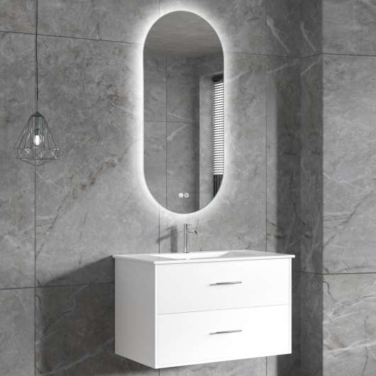 Badrumsmöbel | Oval LED-spegel | Kommod med blandare | Nimbo - 80 cm