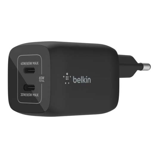 Belkin - 65W GaN Dual PD/PPS mini snabbladdare för laptop, mobil, sufplatta - Svart