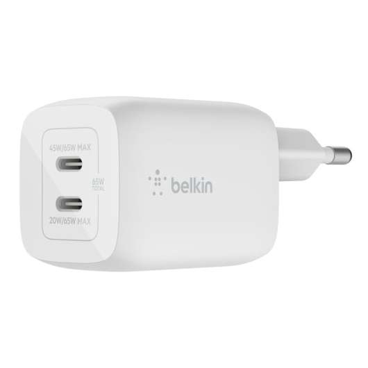 Belkin - 65W GaN Dual PD/PPS mini snabbladdare för laptop, mobil, surfplatta - Vit