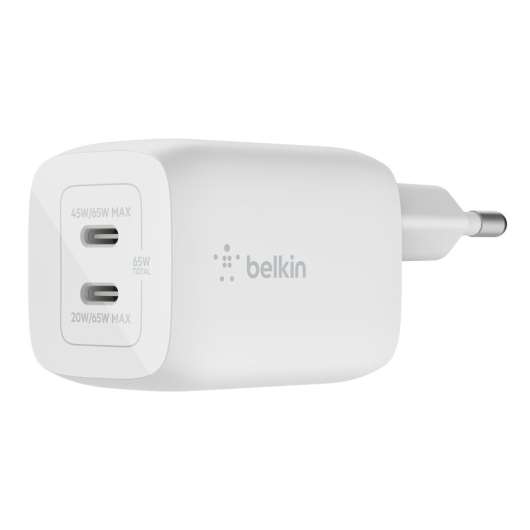 Belkin - 65W GaN Dual PD/PPS mini snabbladdare för laptop, mobil, surfplatta