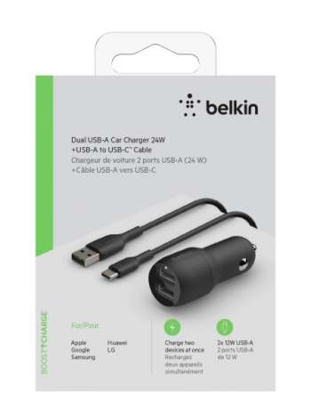 Belkin - Dubbel USB-A billaddare 2 x 12W inkl 1M USB-A till USB-C kabel