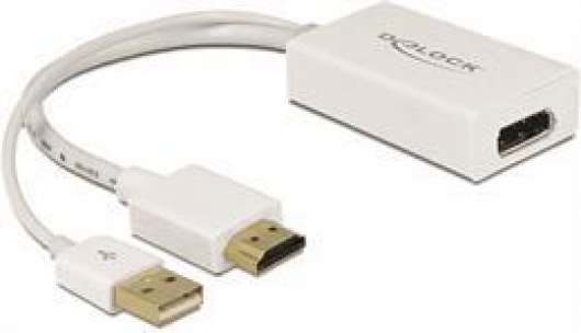 Delock adapter, HDMI hane till DP hona, USB Typ A ha, 0,24m, vit