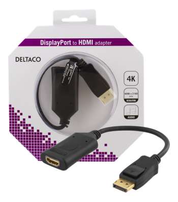 DELTACO DisplayPort 1.2 till HDMI 2.0a-adapter, stödjer 4K i 60Hz, aktiv, HDCP, 3D, 0,1m, svart