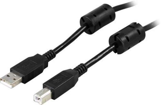 Deltaco USB 2.0 kabel, Typ A - Typ B ha, Ferritkärnor, 5m - Svart