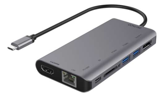 Deltaco USB-C till HDMI/DisplayPort/USB/RJ45/SD-adapter - Grå