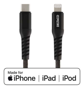Deltaco USB-C till Lightning kabel 1m - Svart Tygklädd