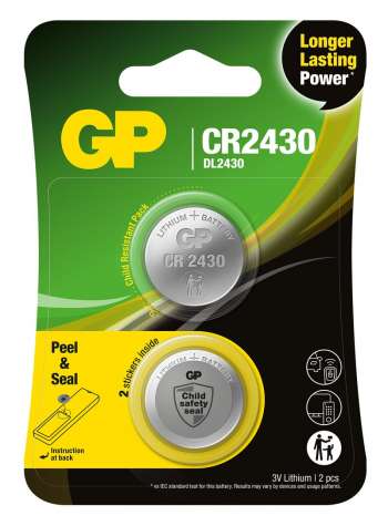 GP knappcell, Litium, CR2430, Safety seal, 2-pack