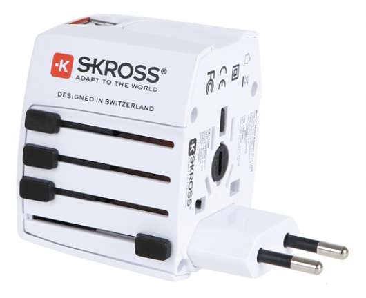 SKROSS MUV USB Världs-reseadapter, EMEA/US/UK/AU, 2xUSB Typ A ho 5V 2,1A, 100-250V